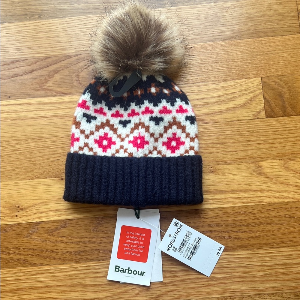 NWT Barbour Kids' Navy and Pink Patterned Beanie